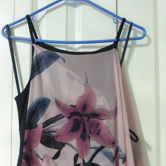 NWT LE CHATEAU black dress with pink and purple chiffon flowy floral layer - Picture 2 of 10